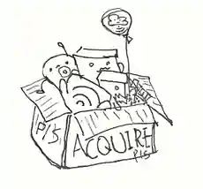 Original ink doodle of little software monsters in an open cardboard box marked Acquire Pls.